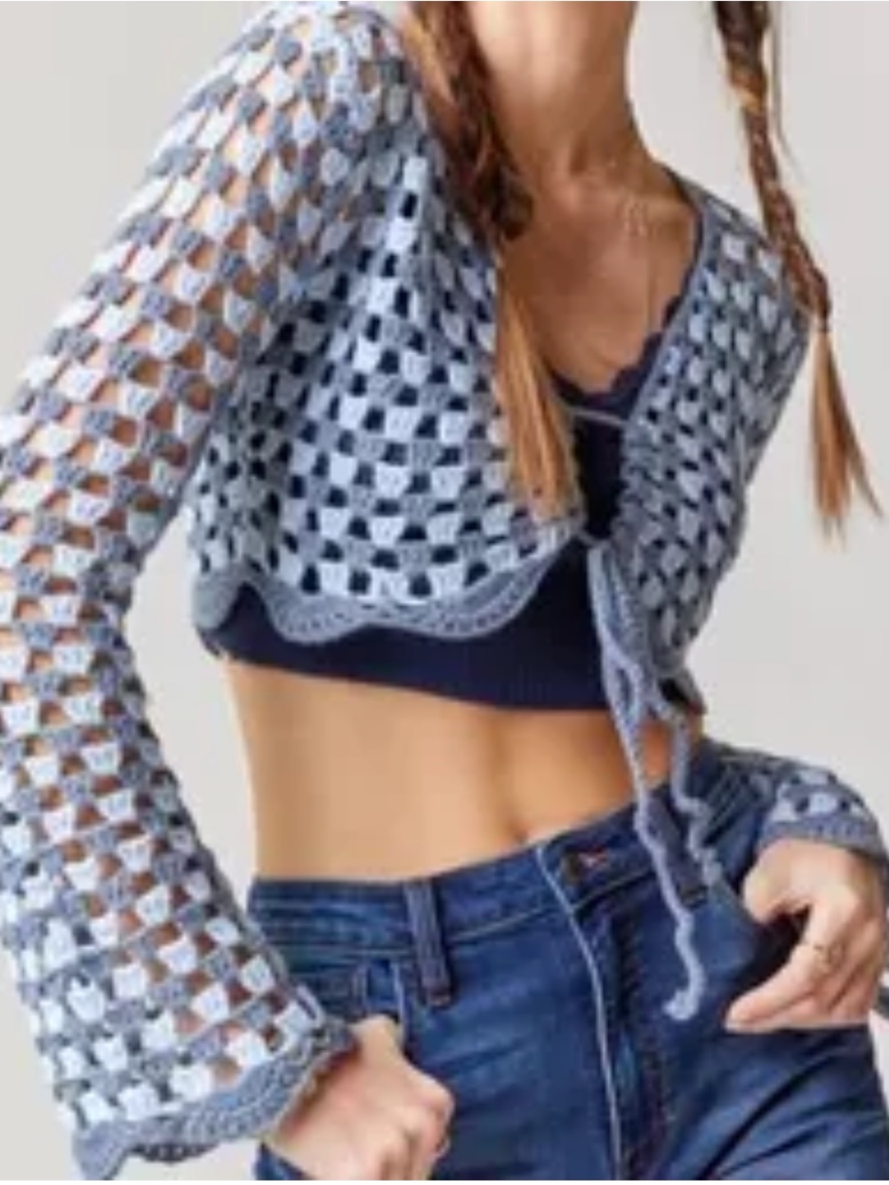 ALTAR’D STATE Crochet Bell Sleeve Boho Cardigan Sweater Blue White Check Small